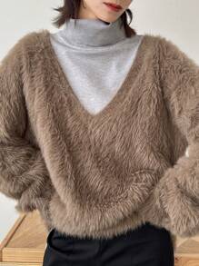 FRIFUL Áo len chui đầu trơn cổ chữ V rộng rãi cho nữ, Quần áo mùa thu cho nữ - Cà phê nâu - Xem 6