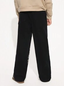 Tween Boy Street Camo Pattern Patchwork Detail Elastic Waist 5 Pockets Straight Leg Jeans - Black - View 2