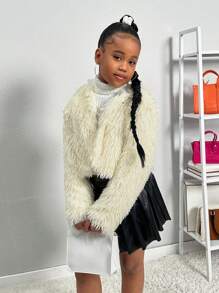 SHEIN Tween Girl Store，时尚休闲针织蓬松连帽夹克 - 卡其色 - 查看 5