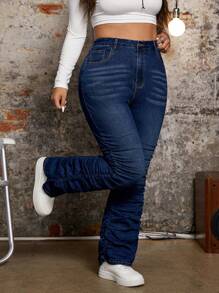 SHEIN ICON 大码女式口袋褶皱喇叭腿休闲百搭牛仔裤 - 藍色 - 查看 4