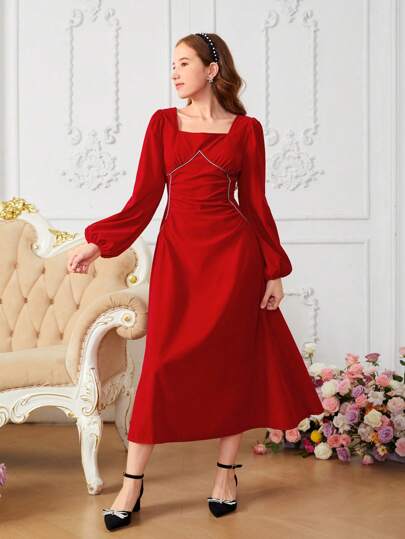 Teenager Girls' Red Elegant Square Collar Lantern Sleeve Rhinestone Waist Ruffle A-Line Midi Dress, Suitable For Daily Elegant, Party, Christmas