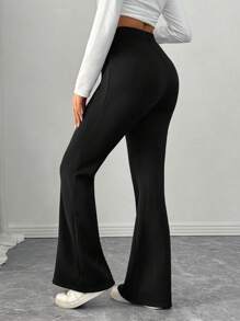 Chiquease Pantalones acampanados ajustados con forro térmico para mujer, pantalones casuales cálidos - Negro - Ver 2