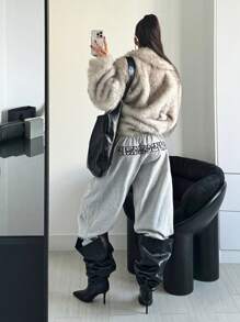 SHEIN EZwear Elegant Ombre Loose Bib Collar Fuzzy Outerwear, Autumn/Winter - White - View 2