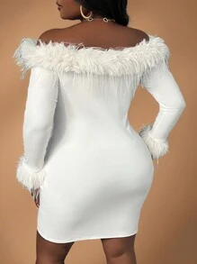 Slaydiva Váy midi dệt kim hở vai cao cấp thanh lịch cỡ lớn cho nữ (xù), Thu/Đông - trắng - Xem 4