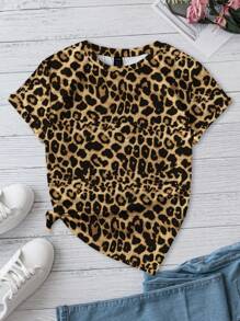 SHEIN LUNE 女式休闲豹纹圆领短袖 T 恤，春夏 - 黃色 - 查看 5