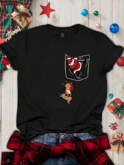 SHEIN LUNE Maglietta donna con stampa di Babbo Natale e renne su taschino, motivo natalizio
