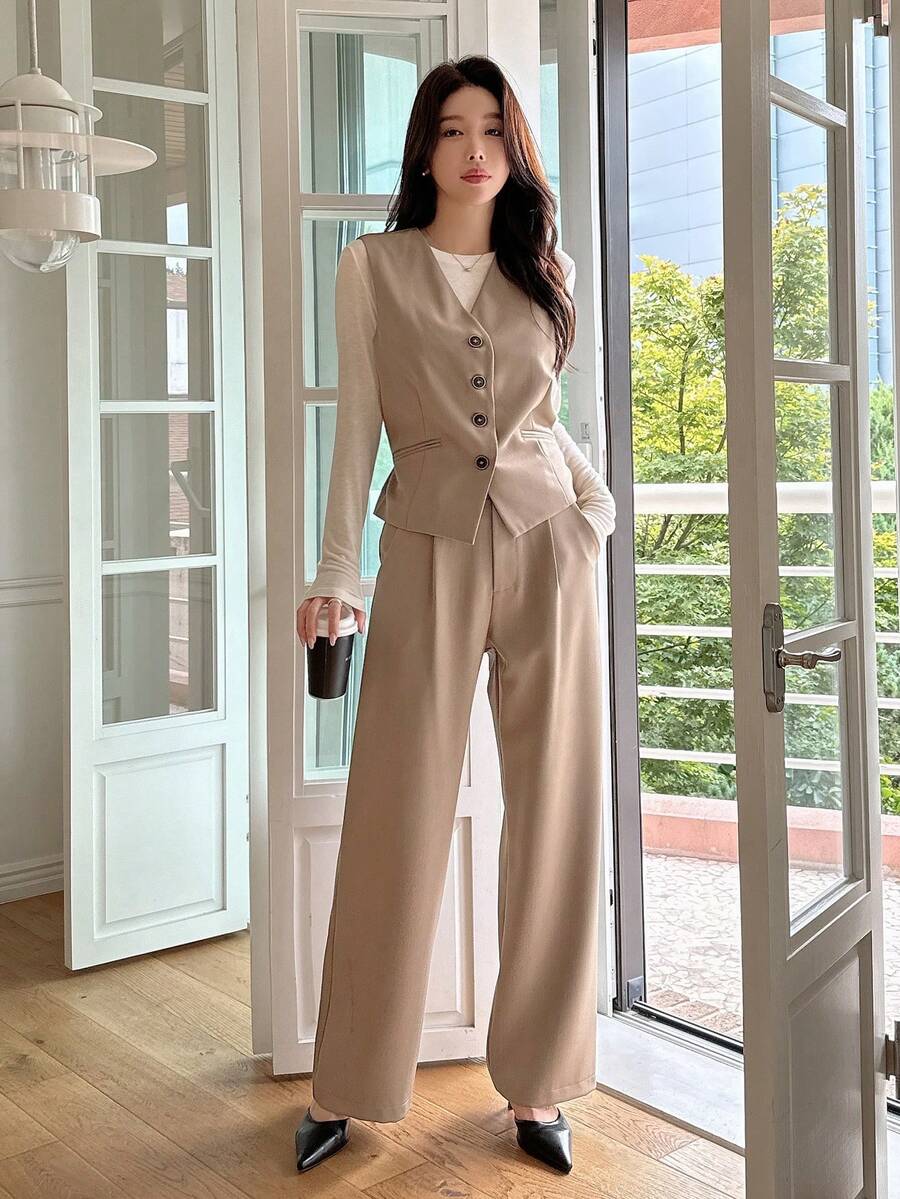 DAZY 2 件套女士套装简约前扣背心和阔腿裤套装适合通勤，秋季 - 卡其色 - 查看 1