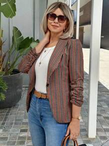 SHEIN LUNE 女士休闲复古条纹翻领西装外套，秋季 - 橘色 - 查看 6