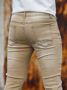 Manfinity LEGND 男士街头潮流纯色破洞紧身牛仔裤 - 卡其色 - 查看 7