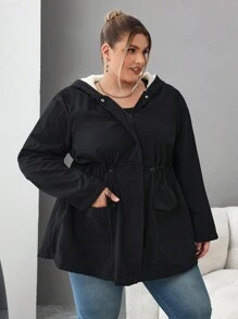 SHEIN CURVE+ Plus Drawstring Waist Dual Pocket Teddy Lined Hooded Coat, For Winter Fall Autumn