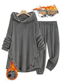 SHEIN LUNE Plus Size Asymmetrical Hem Button Casual Hooded Top & Pants 2 Pieces Set, Winter Fall