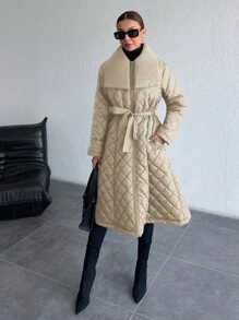 EURMUSE 法式披肩领带拉链 A 字形长款加厚冬季大衣 - 杏色 - 查看 9