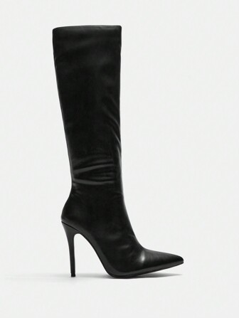 CUCCOO SZL Damen Mode Pendler minimalistische vielseitige schwarze Spitzschuh Kniehohe Stiefel