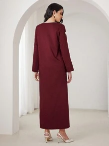 Yasmyna 女士优雅浪漫蝴蝶结撞色条纹派对连衣裙，休闲 A 字型阿拉伯朴素酒红色长袖连衣裙，适合日常休闲 - 酒紅色 - 查看 2