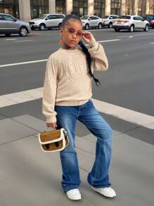 Tween Girl Casual Solid Color Knit Round Neck Long Sleeve Pullover Sweater, Autumn/Winter - Khaki - View 4