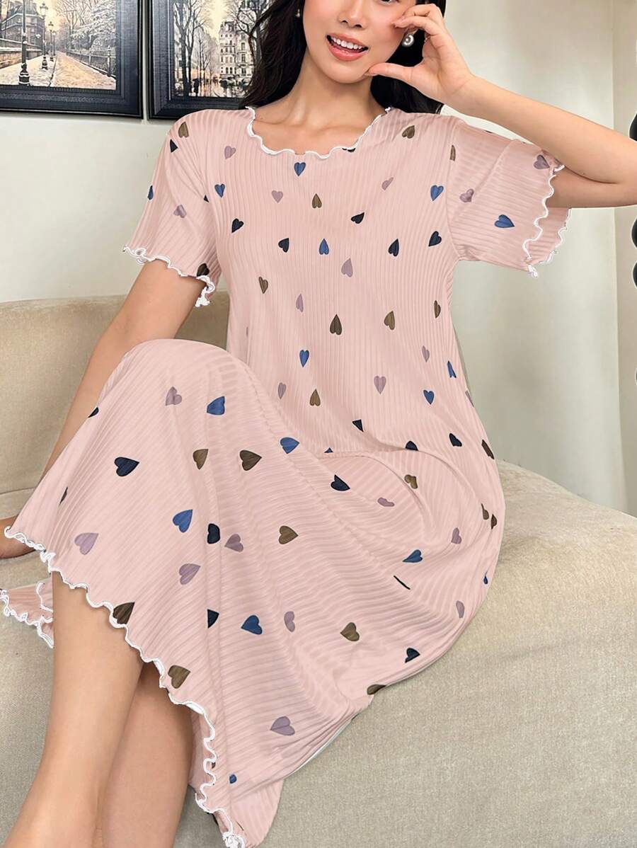 SHEIN Women Comfortable Lettuce Trim Colorful Heart Print Short Sleeve Nightgown, Summer  Cozy And Elegant Details - Pink - View 1