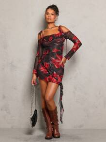 Glamine Abstract Flowers Print Asymmetric Neckline Tie Shoulder Dress,Strap Ruffle Hem Asymmetric Long Sleeve Dress For Women,  Elegant Outfit For Daily Dates, Clubbing, Party And Christmas,New Years Events Clothes,Autumn/Winter Clothes For Women - Multicolor - View 2