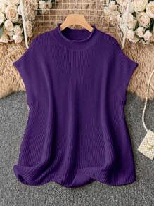 SHEIN LUNE Plus Size Women Solid Color Casual Loose Knitted Sweater, Autumn/Winter - Purple - View 1