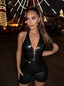 SHEIN SXY Áo hở lưng hở lưng màu đỏ gợi cảm cỡ lớn, thích hợp cho trang phục Halloween, đêm hẹn hò, sinh nhật, tiệc độc thân, dễ thương, giản dị, mua sắm, thời trang dạo phố, đi chơi, dễ phối đồ và trông thon gọn, tôn lên vóc dáng, tôn dáng - màu đen - Xem 10