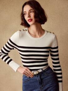 MOTF PREMIUM 条纹图案金色纽扣细节修身毛衣 - 杏色 - 查看 9