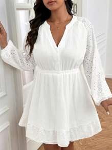 SHEIN Frenchy Casual Simple Embroidered V-Neck Cinched Waist A-Line White Plus Size Cotton Dress, Suitable For Leisure And Home Wear, Autumn - White - View 3