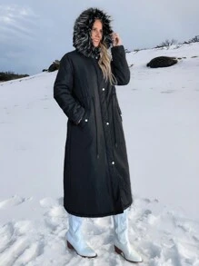 SHEIN LUNE 带衬垫连帽蓬松衬里派克大衣 黑色外套，长款女式外套 - 黑色 - 查看 5