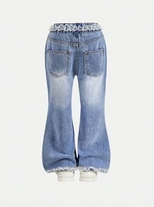 Girls' Cute Floral Ruffled Loose Fit Wide Leg Jeans, Casual - Light Wash - View 2