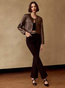 MOTF PREMIUM SOLID FLAP DETAIL CROP JACKET - Coffee Brown - View 8