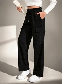 EURMUSE Comfortable And Convenient Pockets Elastic Waist Tie Corduroy Trousers - Black - View 4