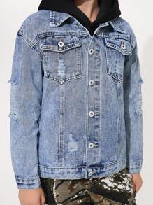 SHEIN Tween Boy Medium Wash Denim Jacket With Graphic Patch Print, Casual - Medium Wash - View 6