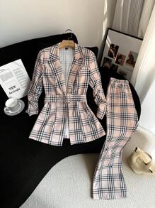 SHEIN Clasi 2 件格子印花翻领长袖西装外套和裤子休闲套装 - 彩色 - 查看 6
