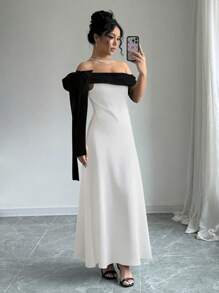 Elenzga Elegant Contrast Color Long Dress, Suitable For Party - White - View 5
