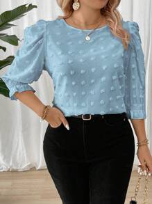 Calvaya 大码圆领中长袖瑞士圆点休闲衬衫 - 淺藍色 - 查看 3