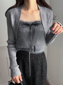 FRIFUL 2pcs Women Solid Color Long Sleeve Cardigan And Bow Decor Camisole Knit Top Set, Autumn/Winter