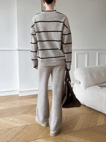 Mulvari Ensemble femme 2 pièces: Top à manches longues col rond imprimé rayures et pantalon couleur unie, ensemble tricoté 2 pièces