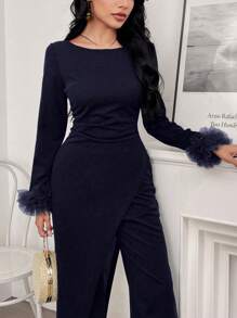 Modelyn Women 2pcs Set Solid Color Ruffle Trim Round Neck Blouse And Pants, Casual Outfit - Royal Blue - View 4