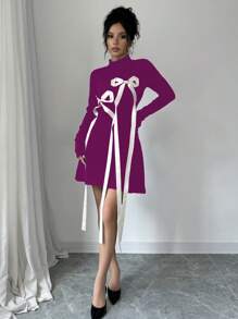 Elenzga Women's Elegant Bow Decor Waist Cinch Sweater Dress Fall Cloth For Women - Violet Purple - View 5