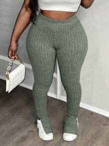 Slaydiva 休闲弹性腰部罗纹羊毛喇叭腿开衩裤，海军蓝 - 軍綠色 - 查看 3