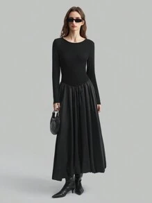 Ontre Women's Black Fashionable Everyday Hollow Back Patchwork Ruffle Hem Dress