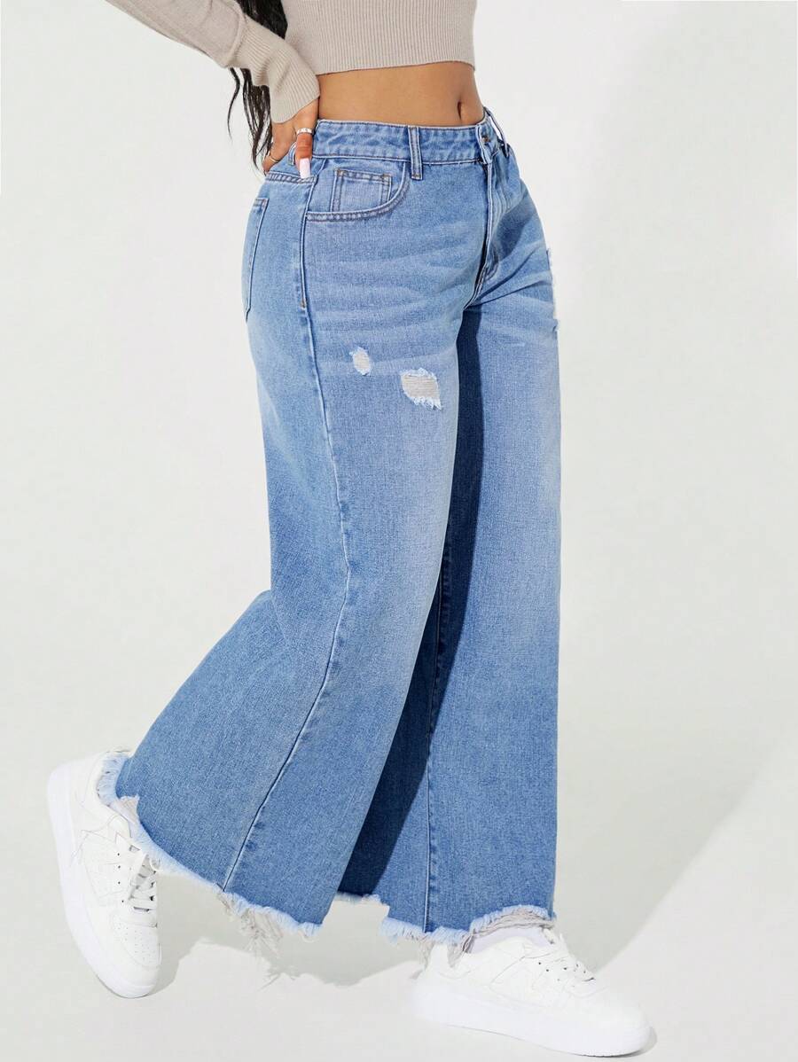 SHEIN SXY 女式破洞阔腿宽松休闲牛仔裤，带口袋 - 中等水洗藍 - 查看 1