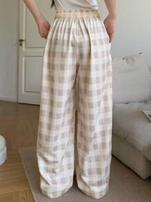 DAZY Casual Simple Loose Plaid Lounge Pants Pajama - Apricot - View 2