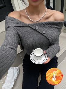 DAZY 不对称设计高领套头毛衣，女士露肩毛衣，长袖上衣，秋季服装 - 灰色 - 查看 1