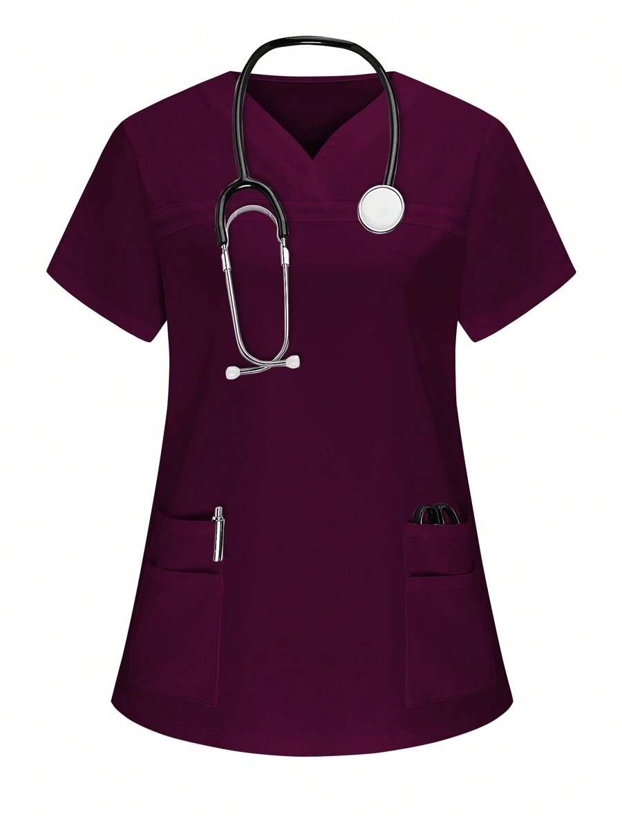 PopScrub Women V-Neck Short Sleeve Dual Pocket Nurse Uniform Top, Scrubs - Purple - View 1