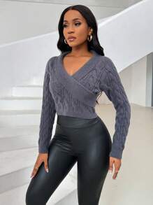 Zolique Women's Solid Color Cross-Wrap Shawl Collar Long Sleeve Pullover Sweater Knit Pullover Fall Winter - Black - View 5
