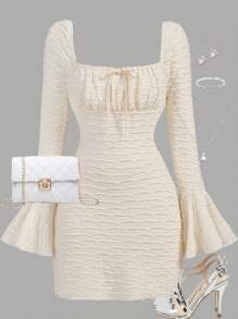 Girlism Teen Girls Apricot Knit Textured Long Sleeve Sheer Flare Sleeve Elegant Vintage Casual Dress