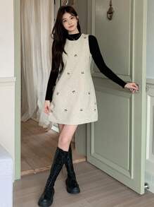 DAZY 1pc Women Bow Embroidered Mid-Length Dress, Cute Style For Autumn/Winter