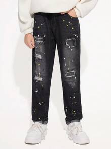 SHEIN Tween Boy Chic Fashion Street Daily Casual Hand-Made Color Spots Detail Ripped Cat Whiskers Detail Comfort Elastic Waist Zip Front Fastening Roll Up Hem Jeans With 5 Pockets, Boys Must-Have All Year Fashion Item