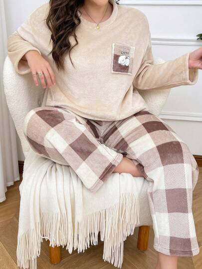 Große Größen Plüsch Lässig Pullover mit Hund Stickerei Tasche Flauschiger Pyjama Set, Herbst Winter Kleidung, gemütlicher Outfit