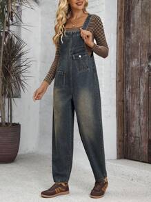 EMERY ROSE Women's Solid Color Pocket Casual Dungarees/Overalls, Autumn