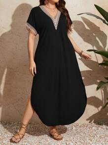 EMERY ROSE Vestido de verano de manga corta con encaje para mujer de talla grande - Negro - Ver 3